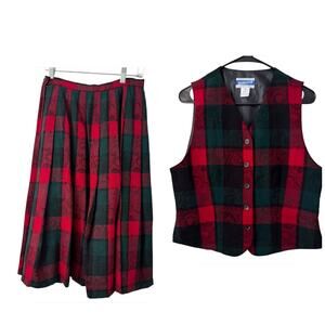 Pendleton Green Red Plaid Wool Vest Pleated Skirt Set Size 10 Christmas Preppy